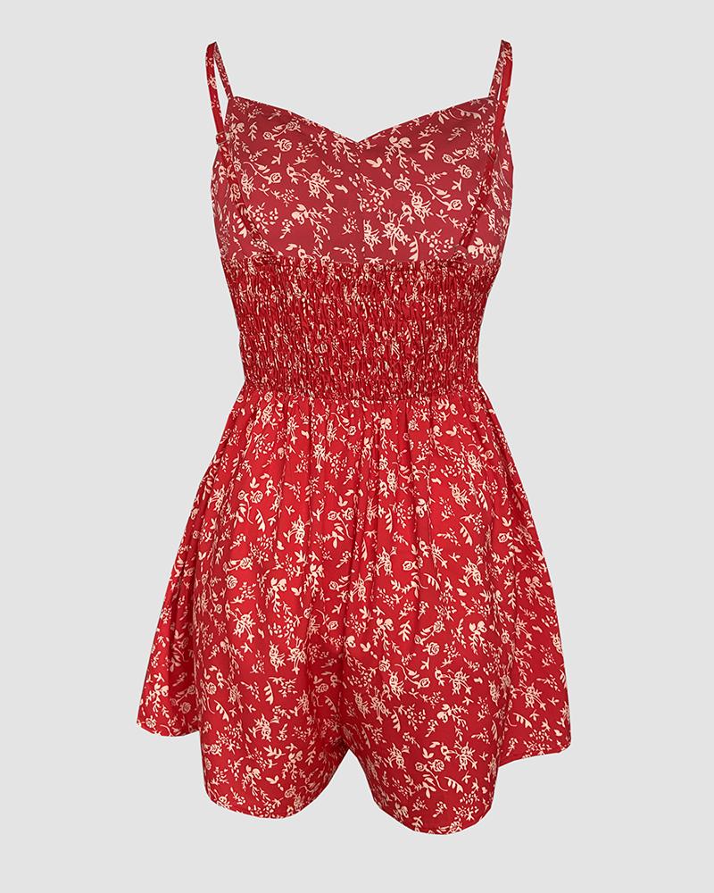 Ditsy Floral V Neck Sleeveless Ruched Cami Jumpsuit Casual Ajustable Back Straps Shirred Romper