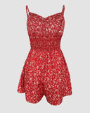 Ditsy Floral V Neck Sleeveless Ruched Cami Jumpsuit Casual Ajustable Back Straps Shirred Romper