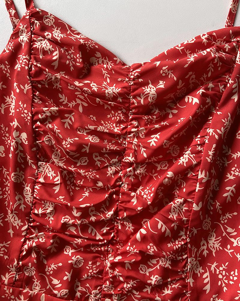 Ditsy Floral V Neck Sleeveless Ruched Cami Jumpsuit Casual Ajustable Back Straps Shirred Romper