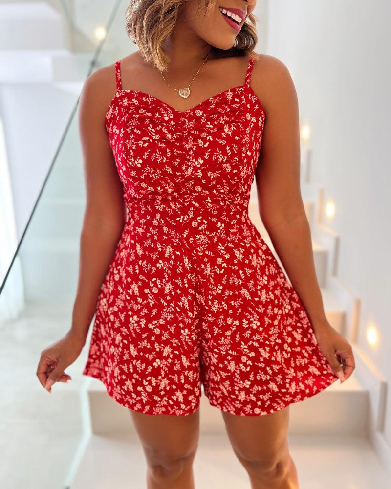 Ditsy Floral V Neck Sleeveless Ruched Cami Jumpsuit Casual Ajustable Back Straps Shirred Romper