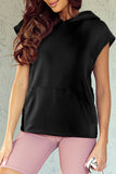 Black Solid Color Cap Sleeve Kangaroo Pocket Hoodie