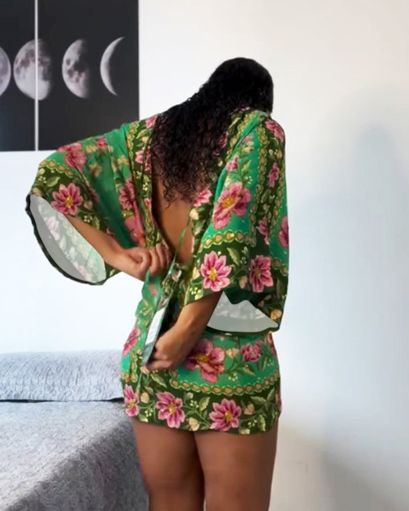 Floral Print V Neck Batwing Sleeve Tied Detail Backless Mini Dress
