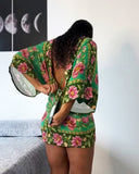 Floral Print V Neck Batwing Sleeve Tied Detail Backless Mini Dress