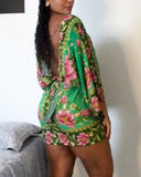 Floral Print V Neck Batwing Sleeve Tied Detail Backless Mini Dress