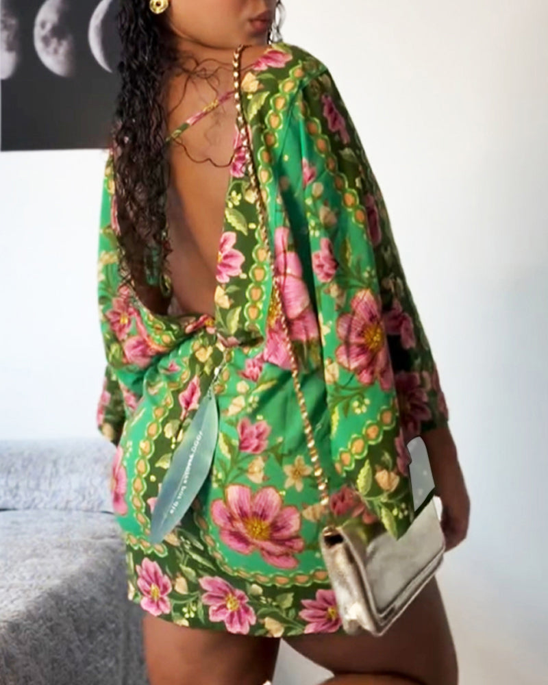 Floral Print V Neck Batwing Sleeve Tied Detail Backless Mini Dress