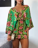 Floral Print V Neck Batwing Sleeve Tied Detail Backless Mini Dress