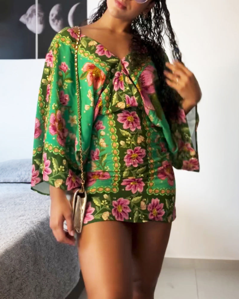 Floral Print V Neck Batwing Sleeve Tied Detail Backless Mini Dress