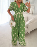 Floral Print Flutter Sleeve V Neck Maxi Wide Leg Jumpsuit Casual Overalls