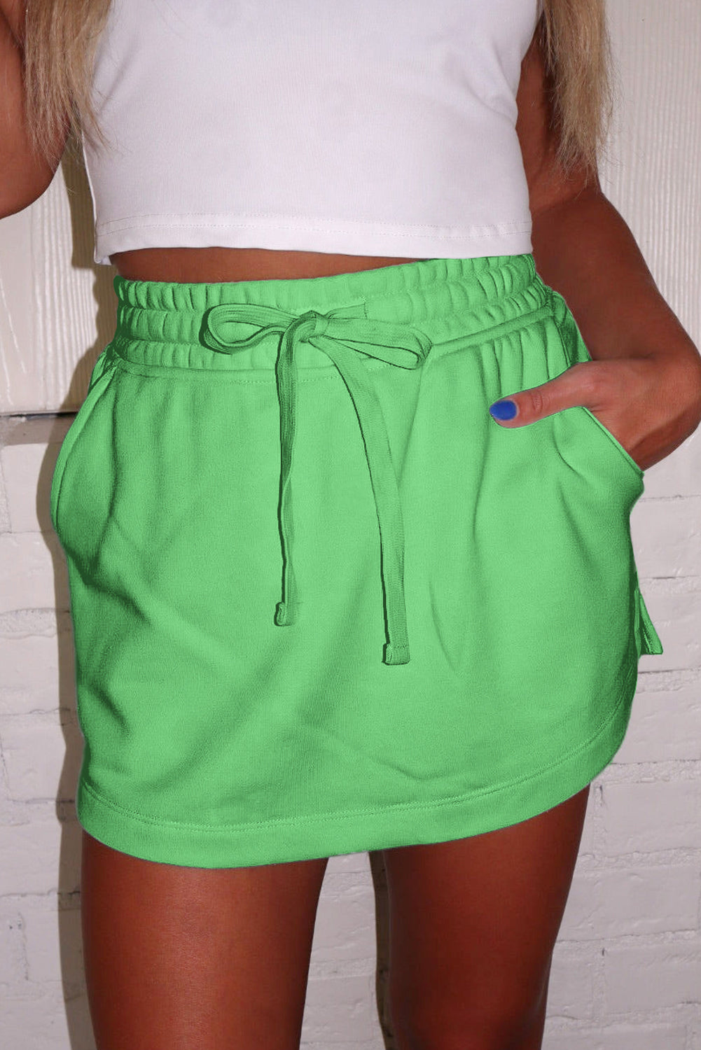 Light Green French Terry Drawstring Mini Skort with Pockets