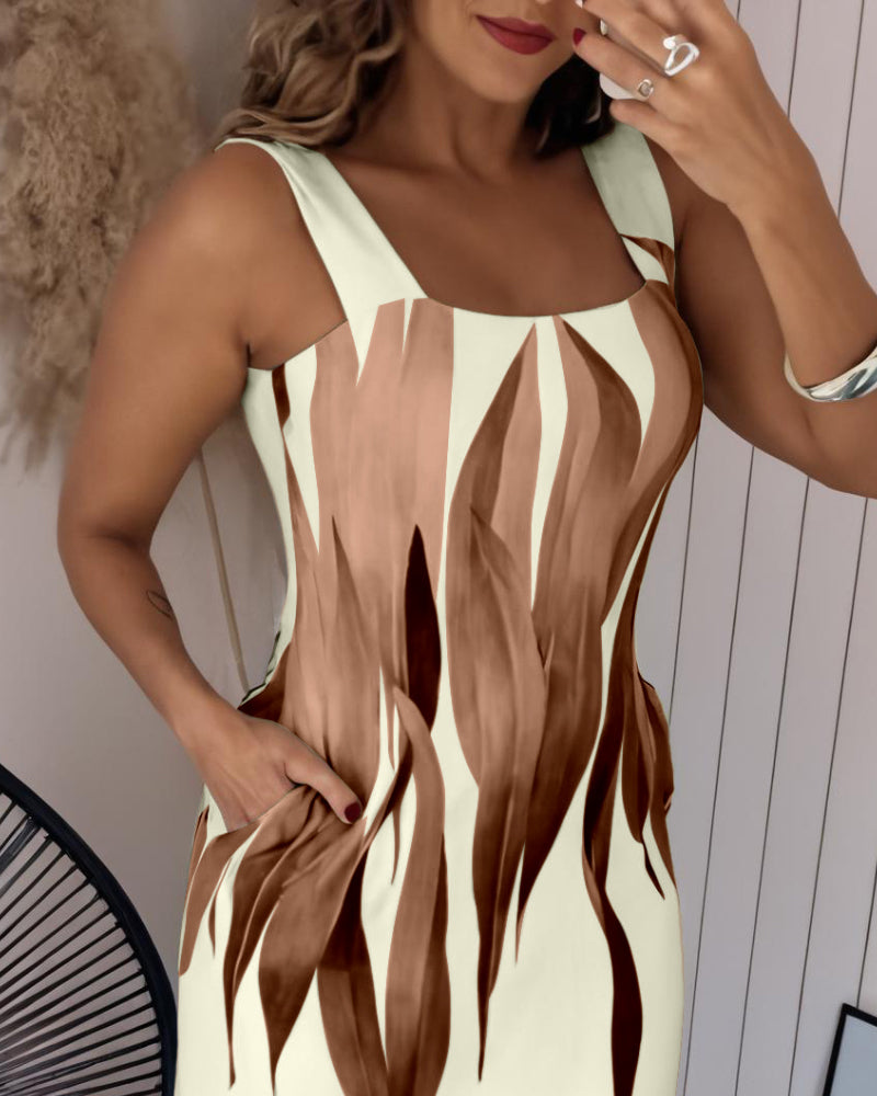 Plants Print Thick Strap Dress Casual Slim Fit Slit Maxi Dress with Pockets