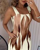 Plants Print Thick Strap Dress Casual Slim Fit Slit Maxi Dress with Pockets