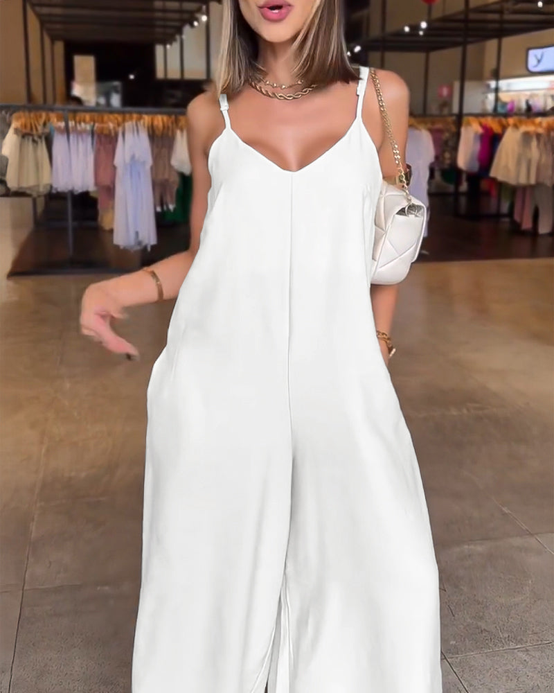 Plain Adjustable Strap Wide Leg Jumpsuit Casual Loose Fit Romper