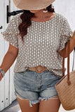 Khaki Plus Size Geometric Print Ruffled Sleeve Blouse