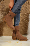 Chestnut Suede Buckle Decor Heeled Ankle Boots