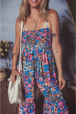 Pink Floral Smocked Bust Spaghetti Straps Wide Leg Jumpsuit