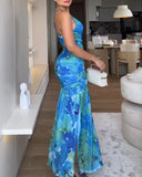 Colorblock Floral Print One Shoulder Ruched Maxi Dress Casual Slim Fit Fishtail Dress