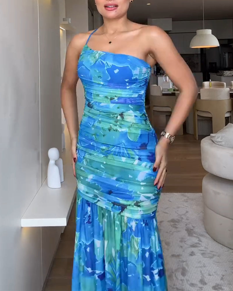 Colorblock Floral Print One Shoulder Ruched Maxi Dress Casual Slim Fit Fishtail Dress
