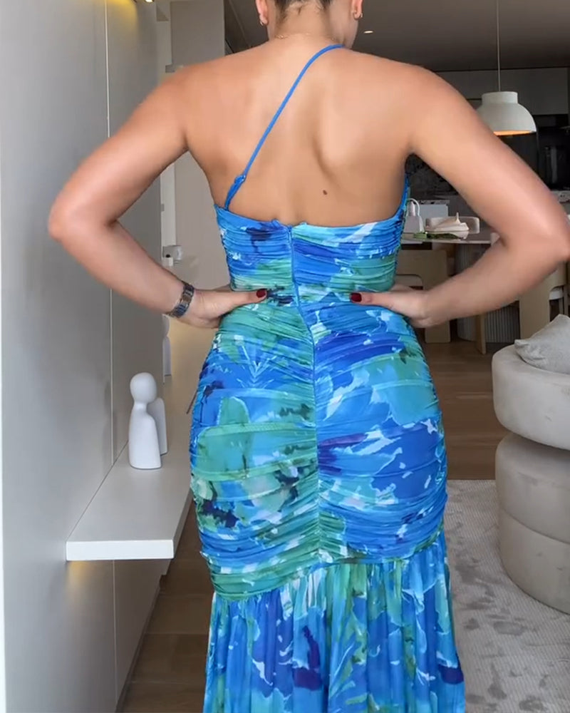 Colorblock Floral Print One Shoulder Ruched Maxi Dress Casual Slim Fit Fishtail Dress