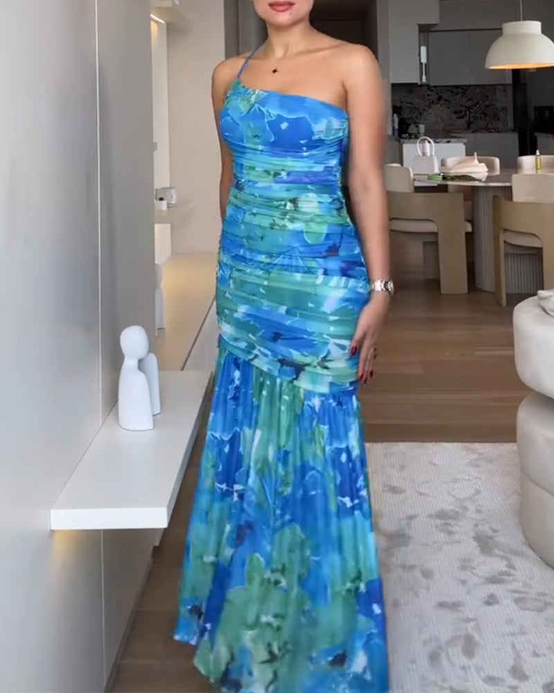Colorblock Floral Print One Shoulder Ruched Maxi Dress Casual Slim Fit Fishtail Dress