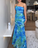 Colorblock Floral Print One Shoulder Ruched Maxi Dress Casual Slim Fit Fishtail Dress