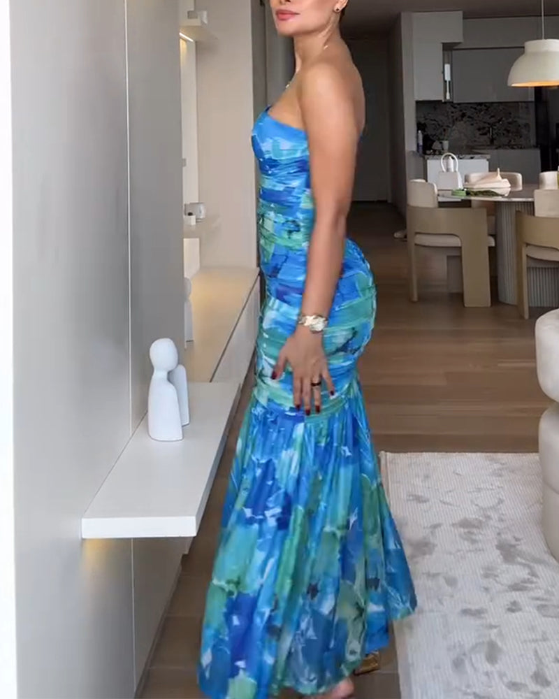 Colorblock Floral Print One Shoulder Ruched Maxi Dress Casual Slim Fit Fishtail Dress