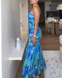 Colorblock Floral Print One Shoulder Ruched Maxi Dress Casual Slim Fit Fishtail Dress