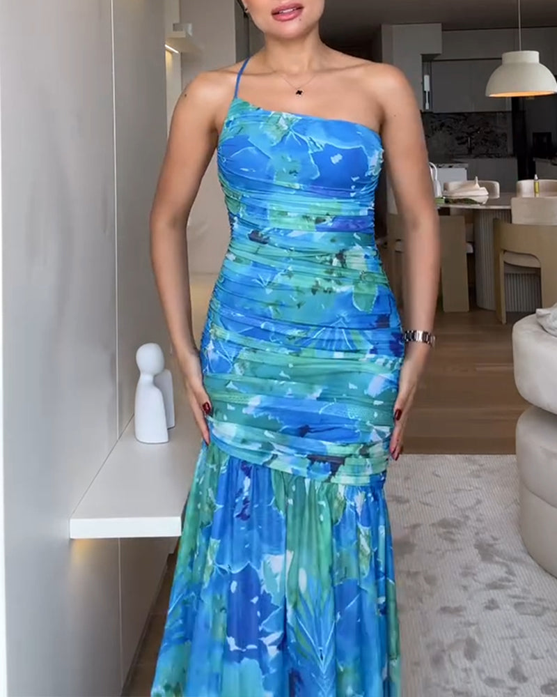 Colorblock Floral Print One Shoulder Ruched Maxi Dress Casual Slim Fit Fishtail Dress