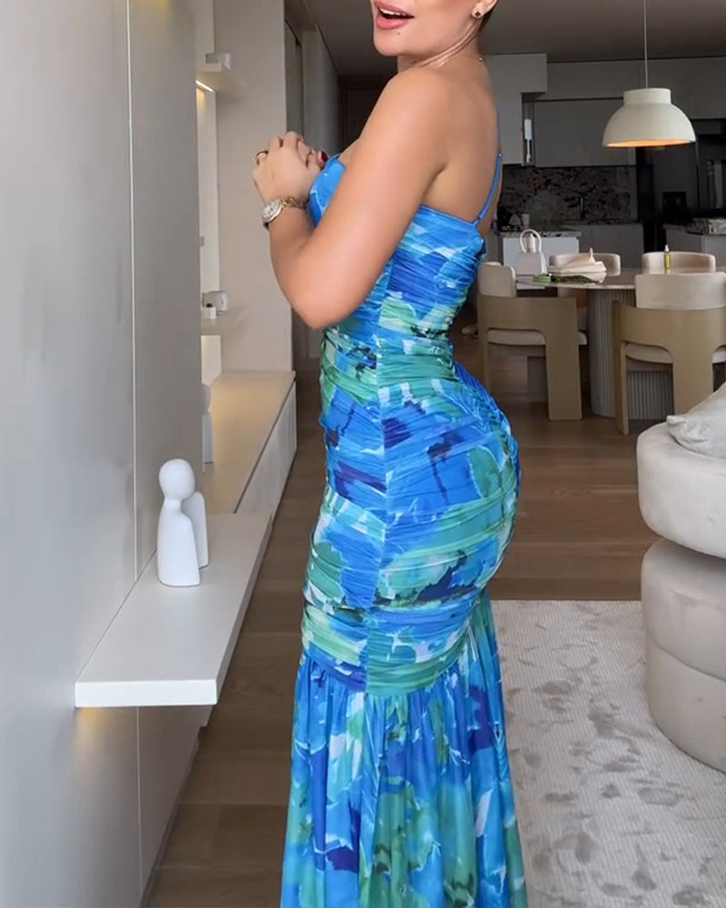 Colorblock Floral Print One Shoulder Ruched Maxi Dress Casual Slim Fit Fishtail Dress