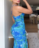 Colorblock Floral Print One Shoulder Ruched Maxi Dress Casual Slim Fit Fishtail Dress