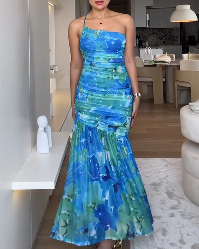 Colorblock Floral Print One Shoulder Ruched Maxi Dress Casual Slim Fit Fishtail Dress