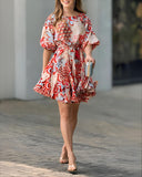 Abstract Print Puff Sleeve Mini Drress Casual Waist A Line Flared Dress