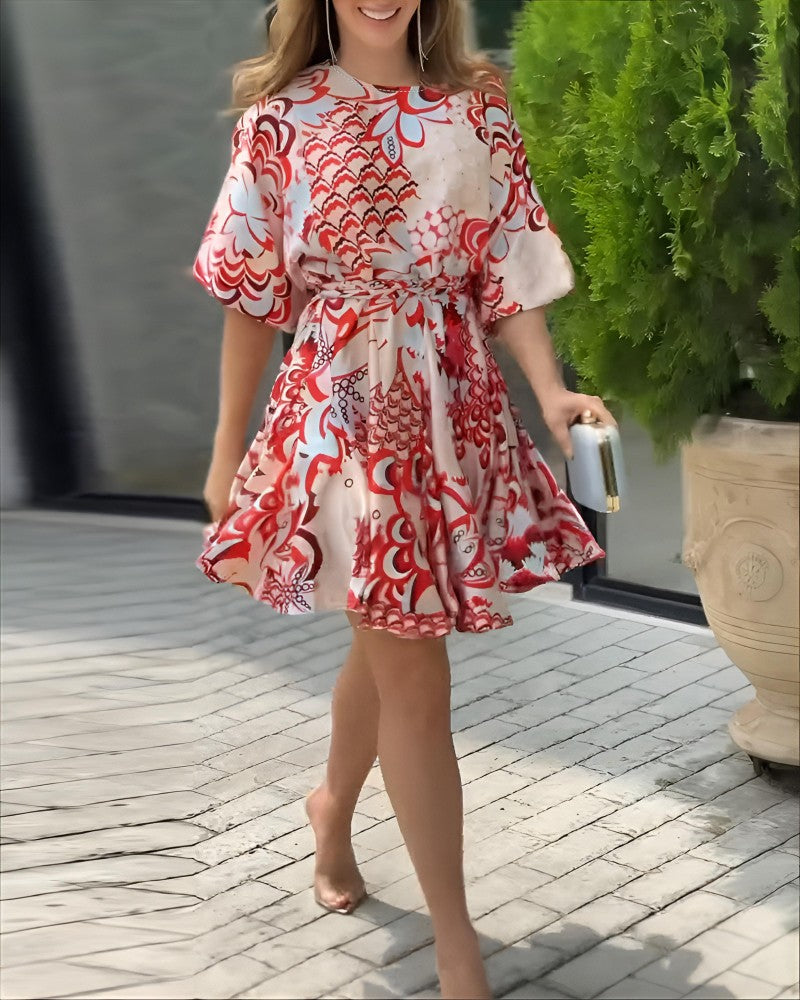 Abstract Print Puff Sleeve Mini Drress Casual Waist A Line Flared Dress