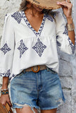White Boho Geometric Print V Neck Bracelet Sleeve Plus Size Blouse