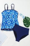 Navy Blue Abstract Print Frilled Trim Spaghetti Straps Tankini Set
