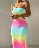 Ombre One Shoulder Cutout Ribbed Bodycon Dress