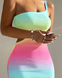 Ombre One Shoulder Cutout Ribbed Bodycon Dress