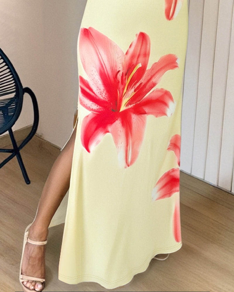 Floral Print Thick Strap Slit Maxi Dress Casual Slim Fit Vacation Dress