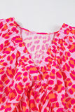 Pink Leopard Print Elasticated V Neck 3/4 Puff Sleeve Dress