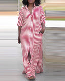 Striped Buttoned Slit Shirt Dress