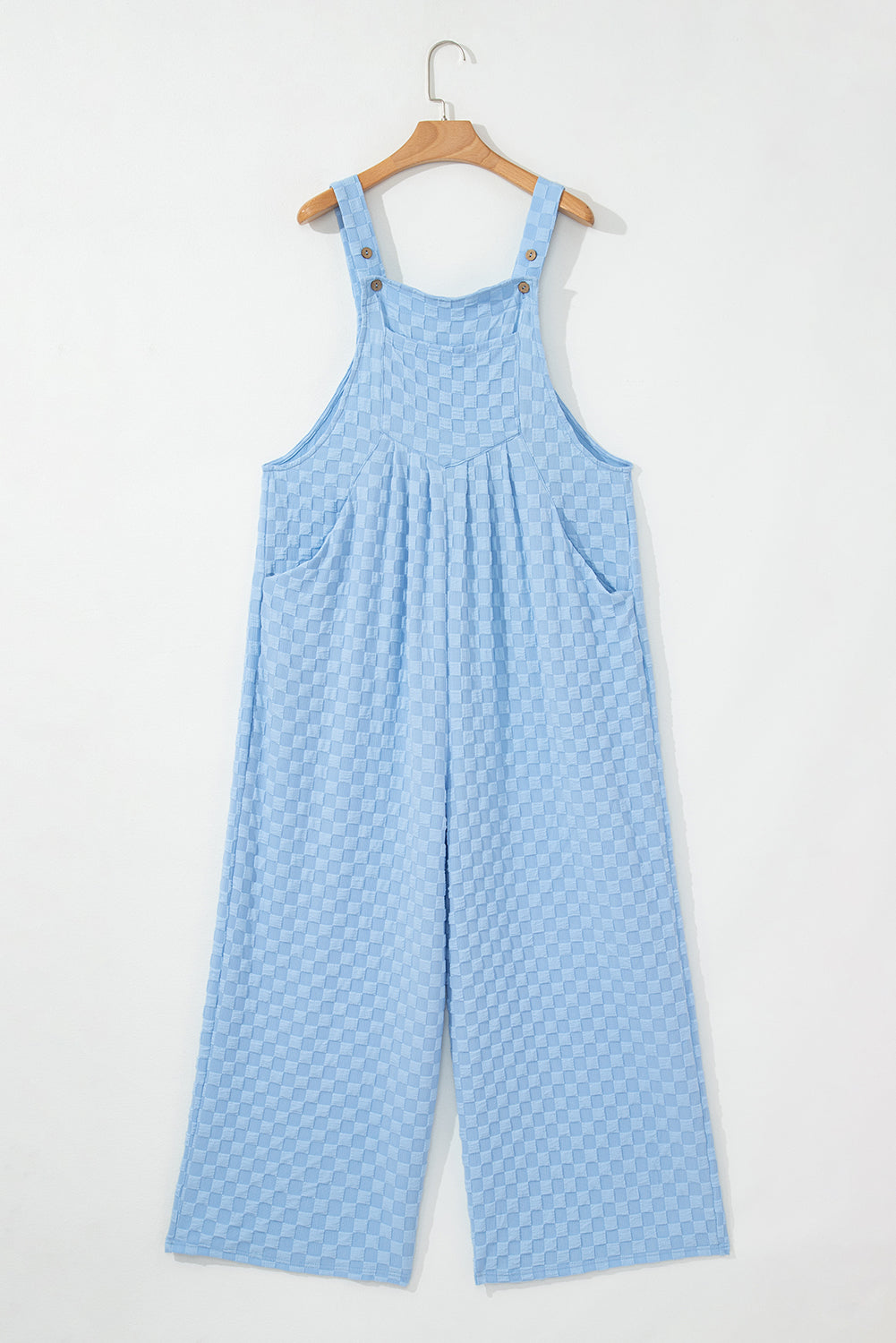 Beau Blue Checkered Pocketed High Waist Wide Leg Overall