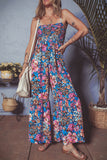 Pink Floral Smocked Bust Spaghetti Straps Wide Leg Jumpsuit