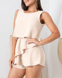 Faux Two Piece Sleeveless Back Lace Up Romper Casual Ruffles Slim Fit Jumpsuit
