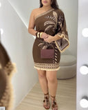 Tropical Print One Shoulder Fringe A Line Dress