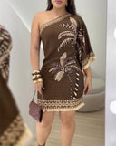 Tropical Print One Shoulder Fringe A Line Dress