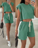 2 Pieces Outfit Paded Shoulder Pullover Crop Tank and Casual Drawstring Shorts Set