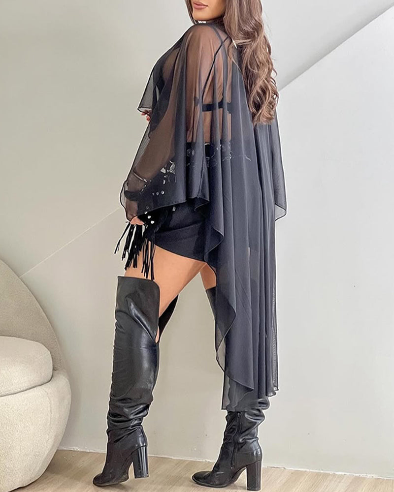 See Through Asymmetrical Hem Chiffon Cover Up with Bandeau Top