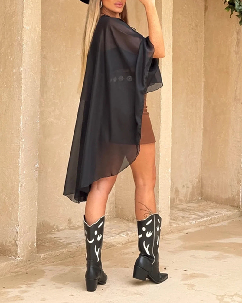 See Through Asymmetrical Hem Chiffon Cover Up with Bandeau Top