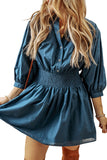 Prussian Blue 3/4 Sleeve Shirred High Waist Buttoned Mini Dress