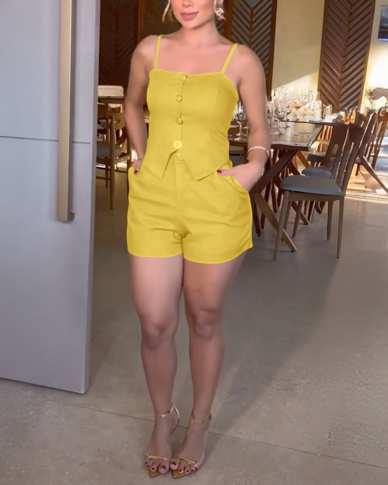 2 Pieces Outfit Spaghetti Strap Button Front Slit Hem Shirred Cami Top and Casual Zipper Fly Elastic Back Waist Slim Fit Shorts Set