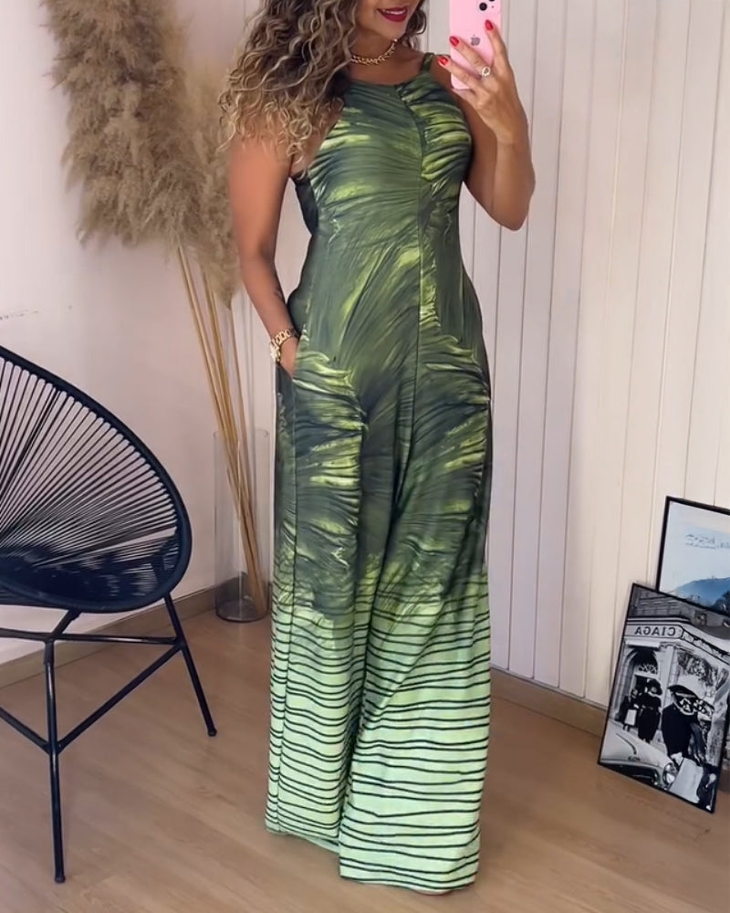 Floral Print U Neck Sleeveless Zipper Jumpsuit with Pocket